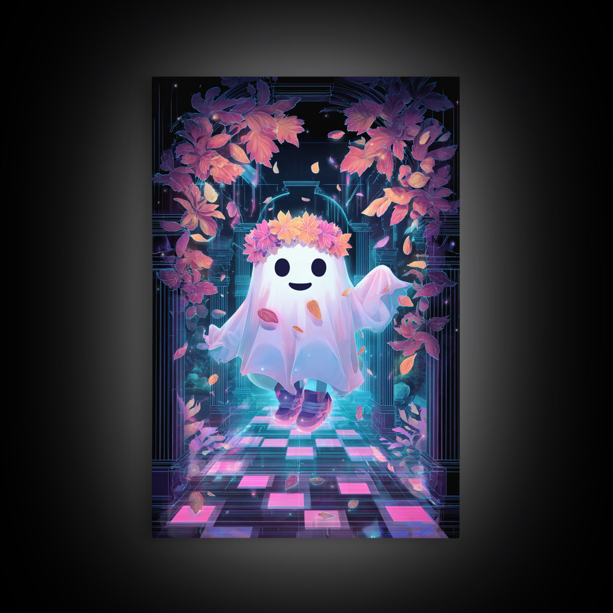 The Ghost With A Flower Crown, Retro Neon Halloween Art, Vertical Wall Art, Framed Canvas Print, Retro Halloween Decor, Neon Wall Art