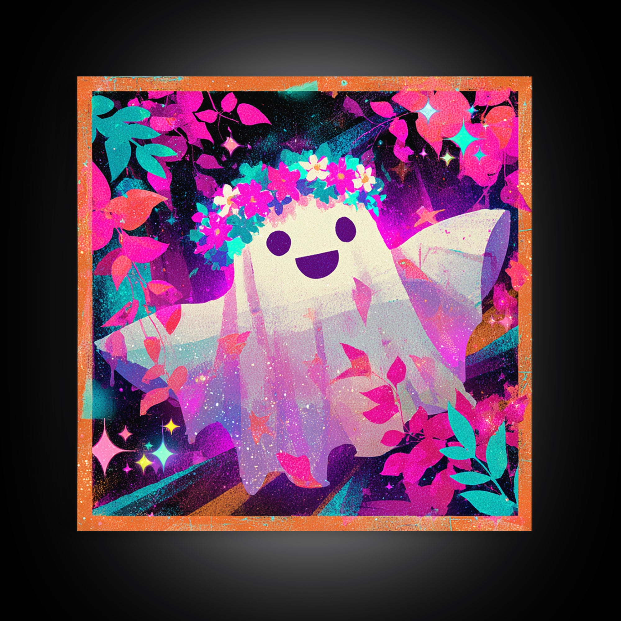 The Ghost With A Flower Crown, Vaporwave Halloween Decor, Square Wall Art, Canvas Print, Retro Halloween Decor, Neon Wall Art