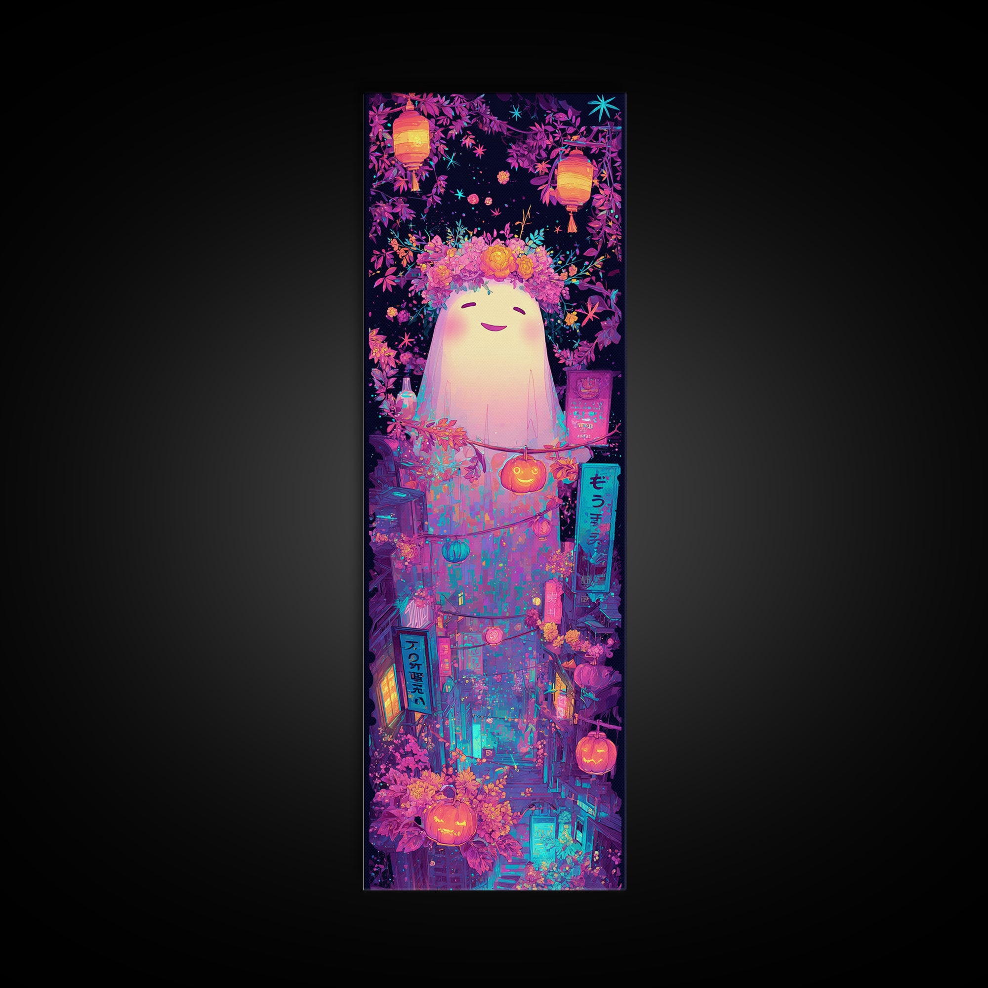 The Ghost With A Flower Crown, Synthwave Halloween Art, Tall Narrow Wall Art, Canvas Print, Retro Halloween Decor, Neon Wall Art
