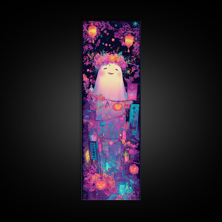 The Ghost With A Flower Crown, Synthwave Halloween Art, Tall Narrow Wall Art, Canvas Print, Retro Halloween Decor, Neon Wall Art