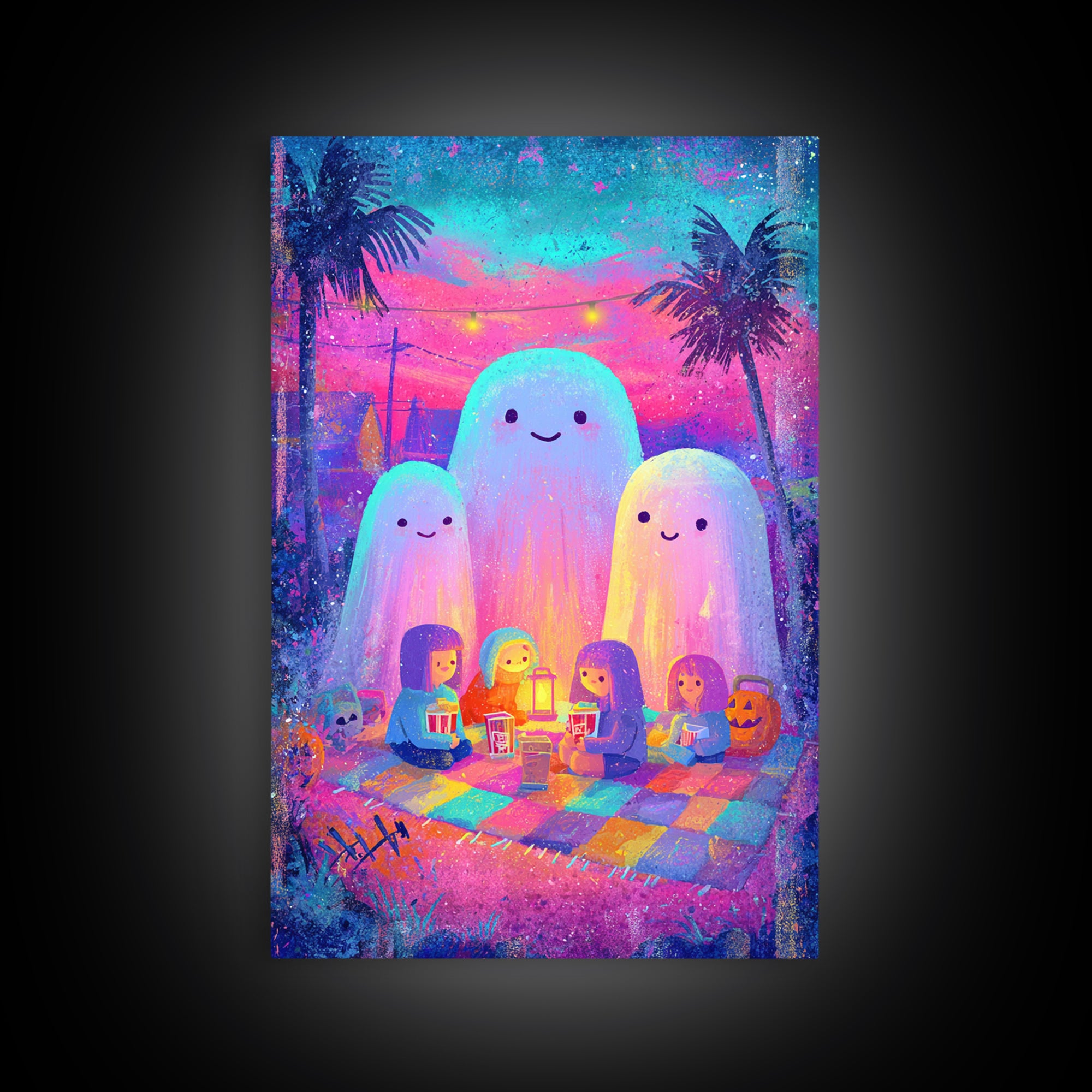 The Sleepy Blanket Ghost, Cute Spooky Neon Art, Vertical Wall Art, Canvas Print, Retro Halloween Decor, Neon Wall Art, Spooky Wall Decor