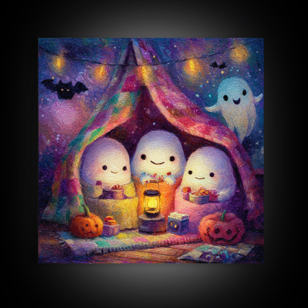 The Sleepy Blanket Ghost, Cute Spooky Neon Art, Square Wall Art, Canvas Print, Retro Halloween Decor, Neon Wall Art, Seasonal Home Decor