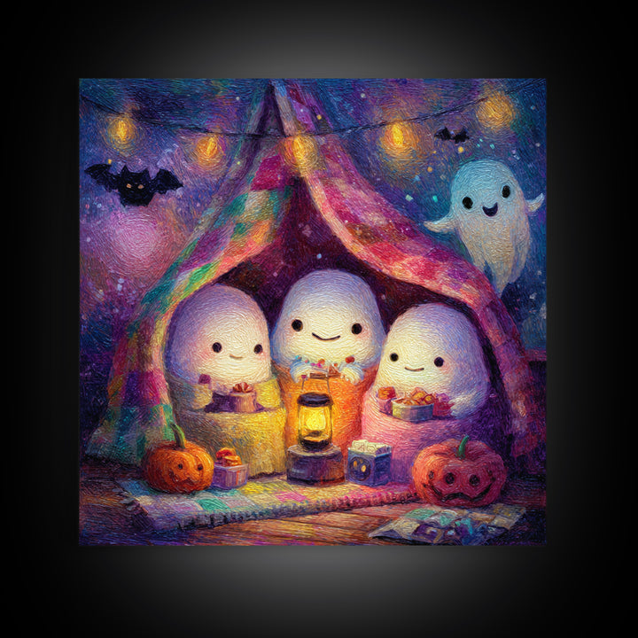 The Sleepy Blanket Ghost, Cute Spooky Neon Art, Square Wall Art, Canvas Print, Retro Halloween Decor, Neon Wall Art, Seasonal Home Decor