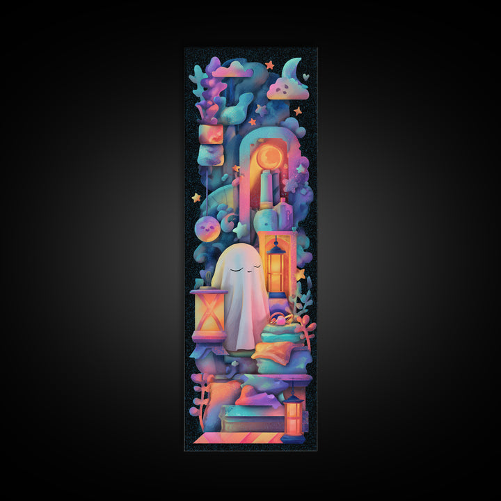 The Sleepy Blanket Ghost, Synthwave Halloween Art, Tall Narrow Wall Art, Canvas Print, Retro Halloween Decor, Neon Wall Art