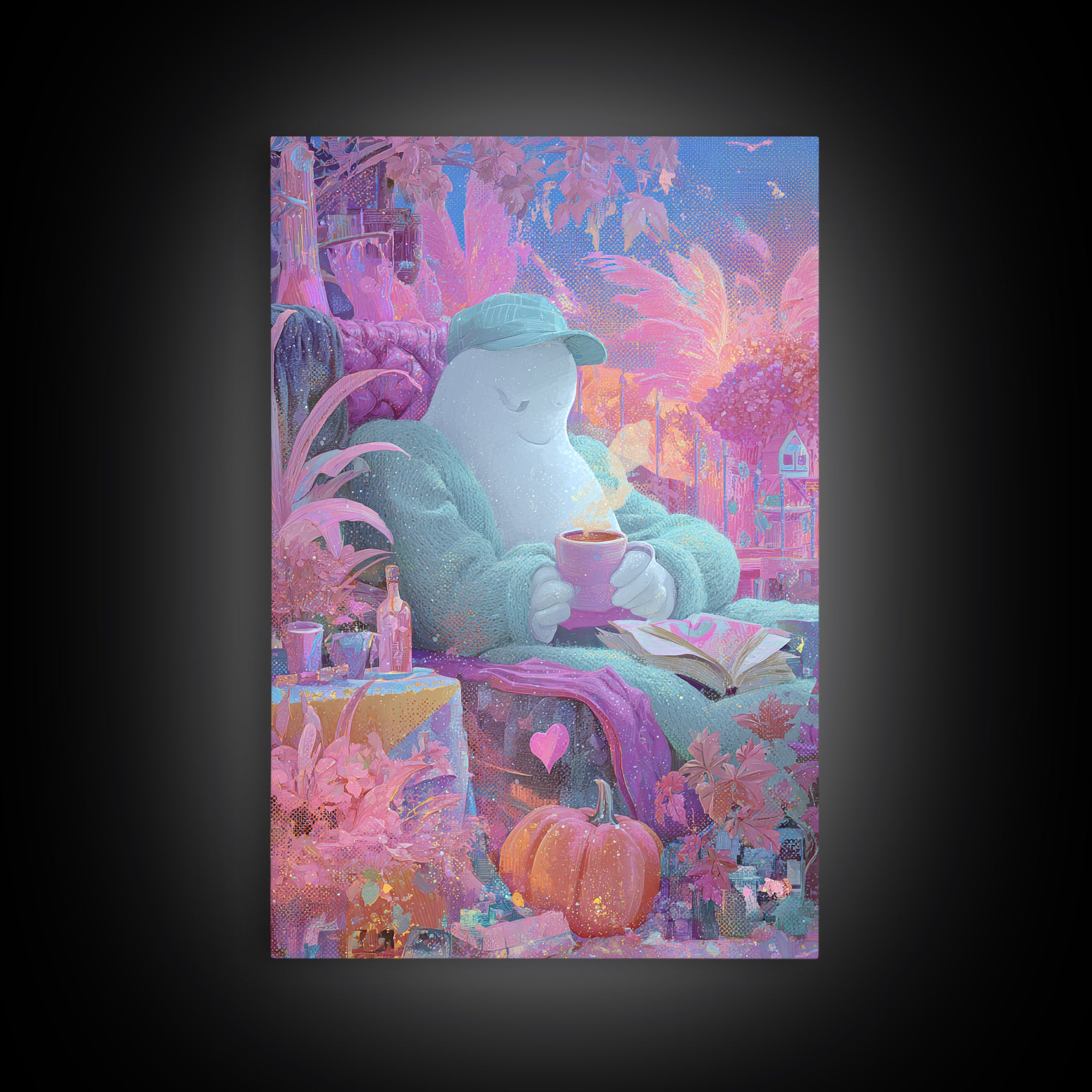 The Ghost Mail Carrier, 80s Halloween Wall Art, Vertical Wall Art, Framed Canvas Print, Retro Halloween Decor, Neon Wall Art