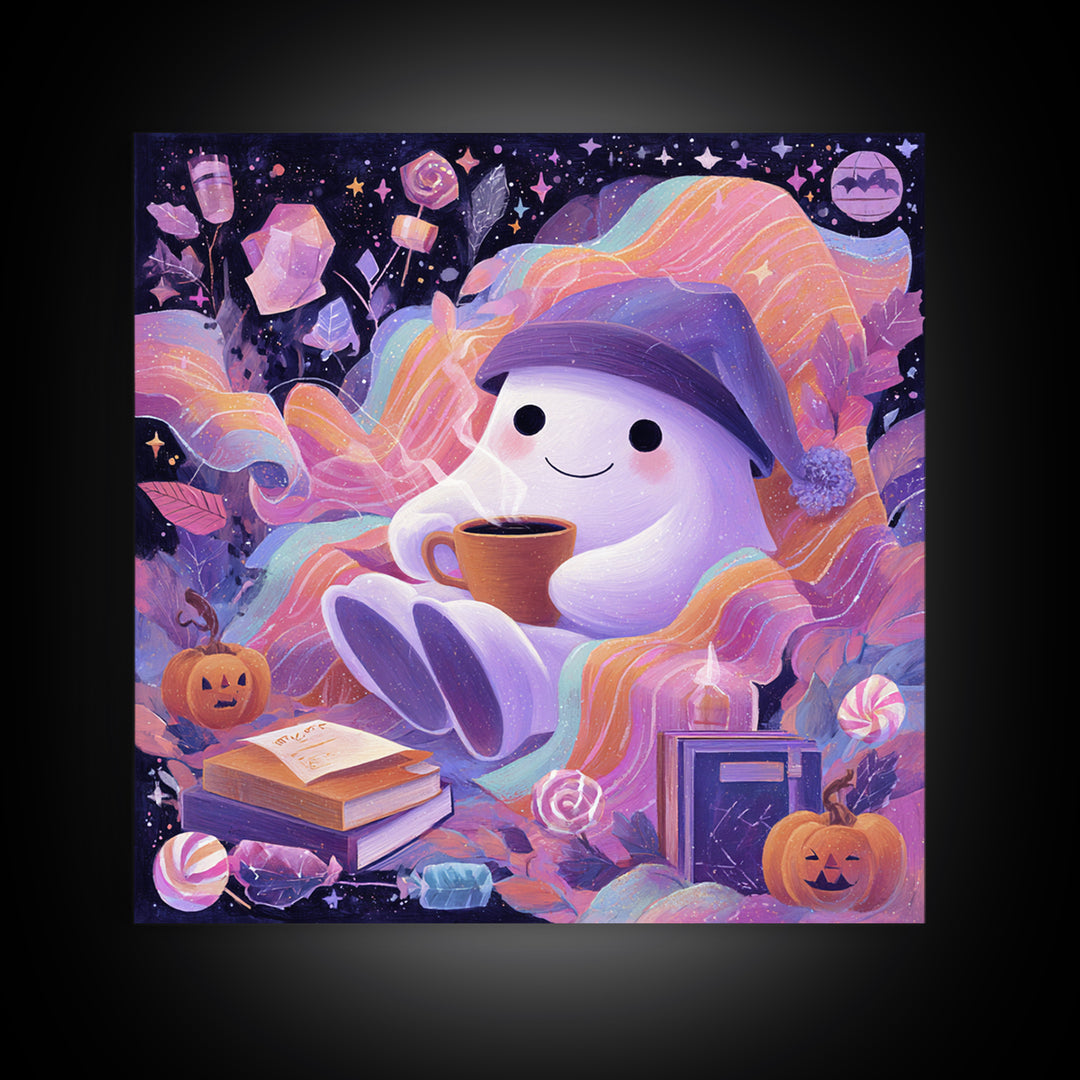 The Ghost Mail Carrier, Cute Spooky Neon Art, Square Wall Art, Framed Canvas Print, Retro Halloween Decor, Neon Wall Art