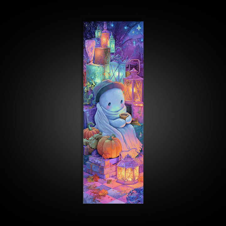 The Ghost Mail Carrier, Vaporwave Halloween Decor, Tall Narrow Wall Art, Framed Canvas Print, Retro Halloween Decor, Neon Wall Art