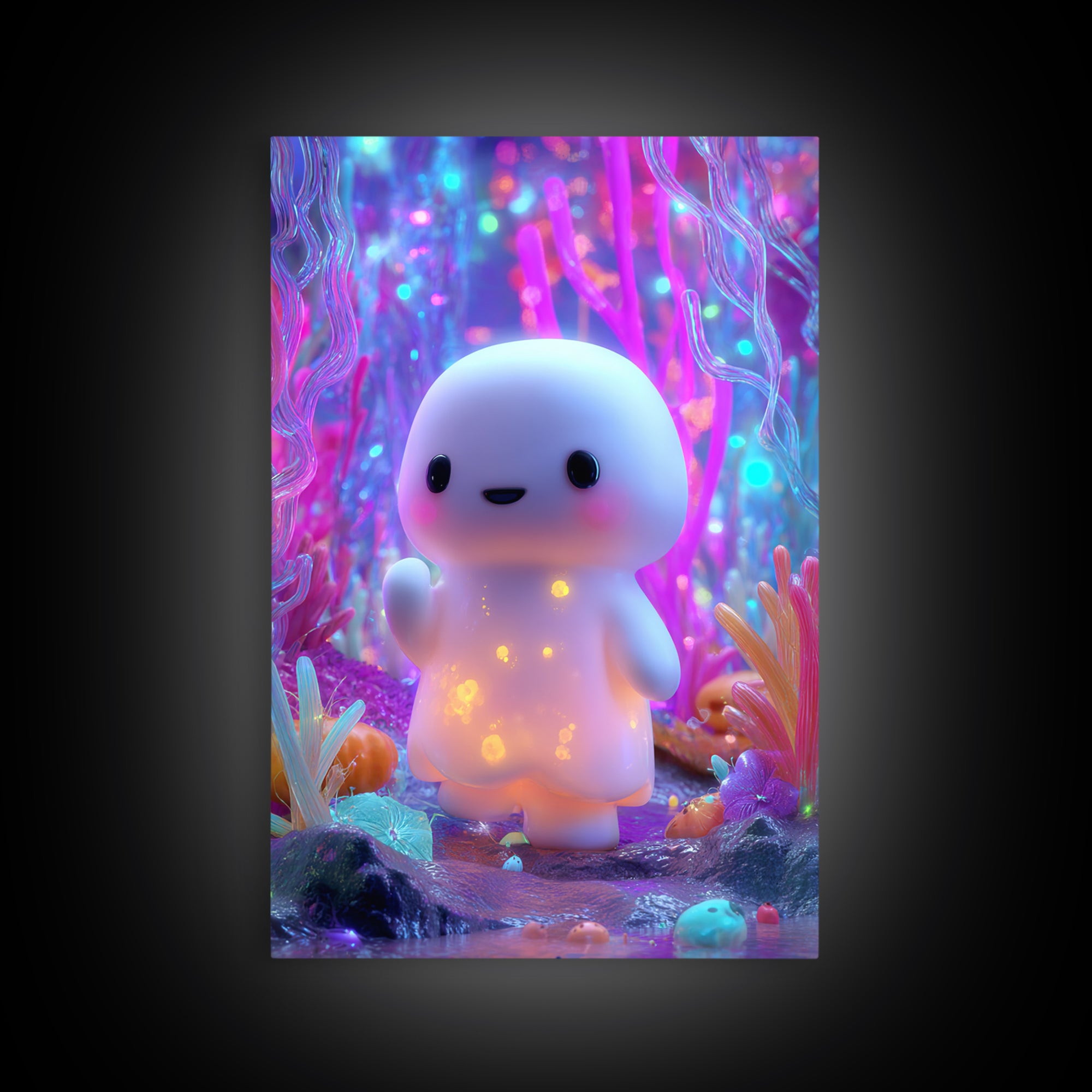 The Ghost And Firefly Friends, Synthwave Halloween Art, Vertical Wall Art, Framed Canvas Print, Retro Halloween Decor, Neon Wall Art