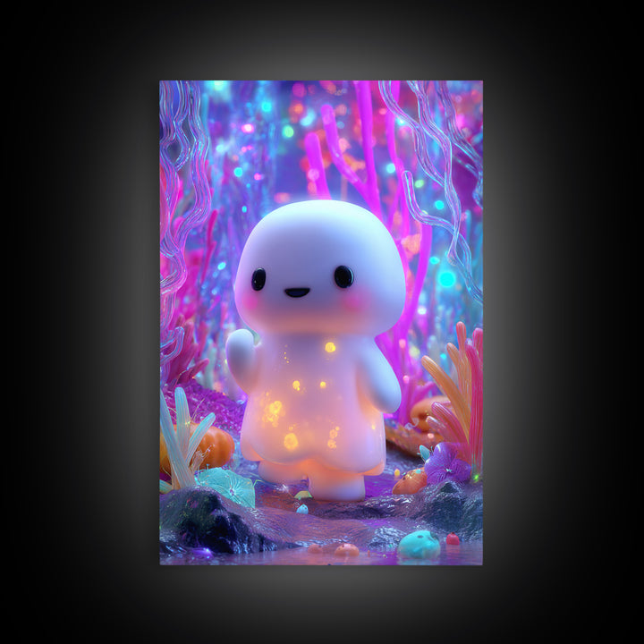 The Ghost And Firefly Friends, Synthwave Halloween Art, Vertical Wall Art, Framed Canvas Print, Retro Halloween Decor, Neon Wall Art