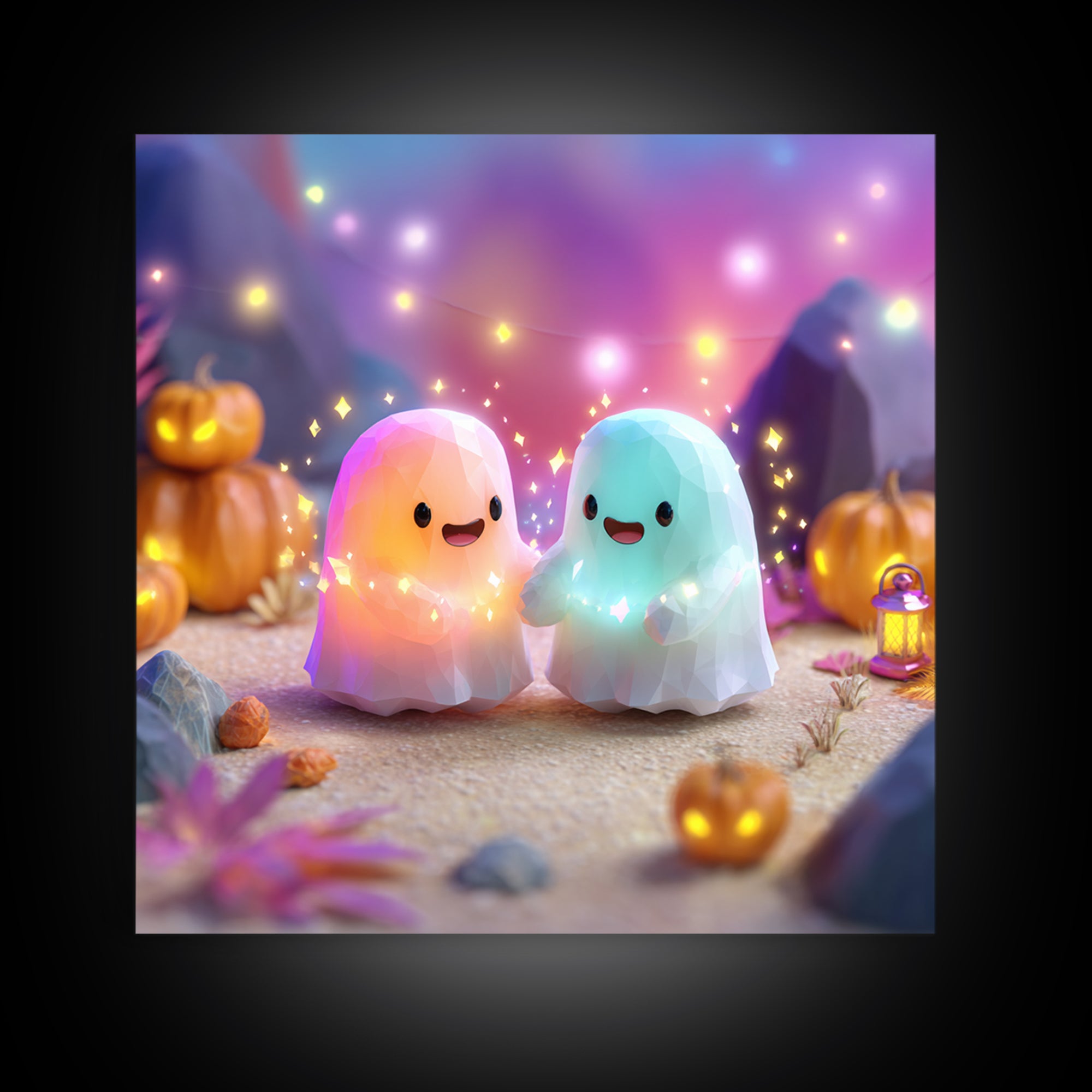 The Ghost And Firefly Friends, Cute Spooky Neon Art, Square Wall Art, Framed Canvas Print, Retro Halloween Decor, Neon Wall Art