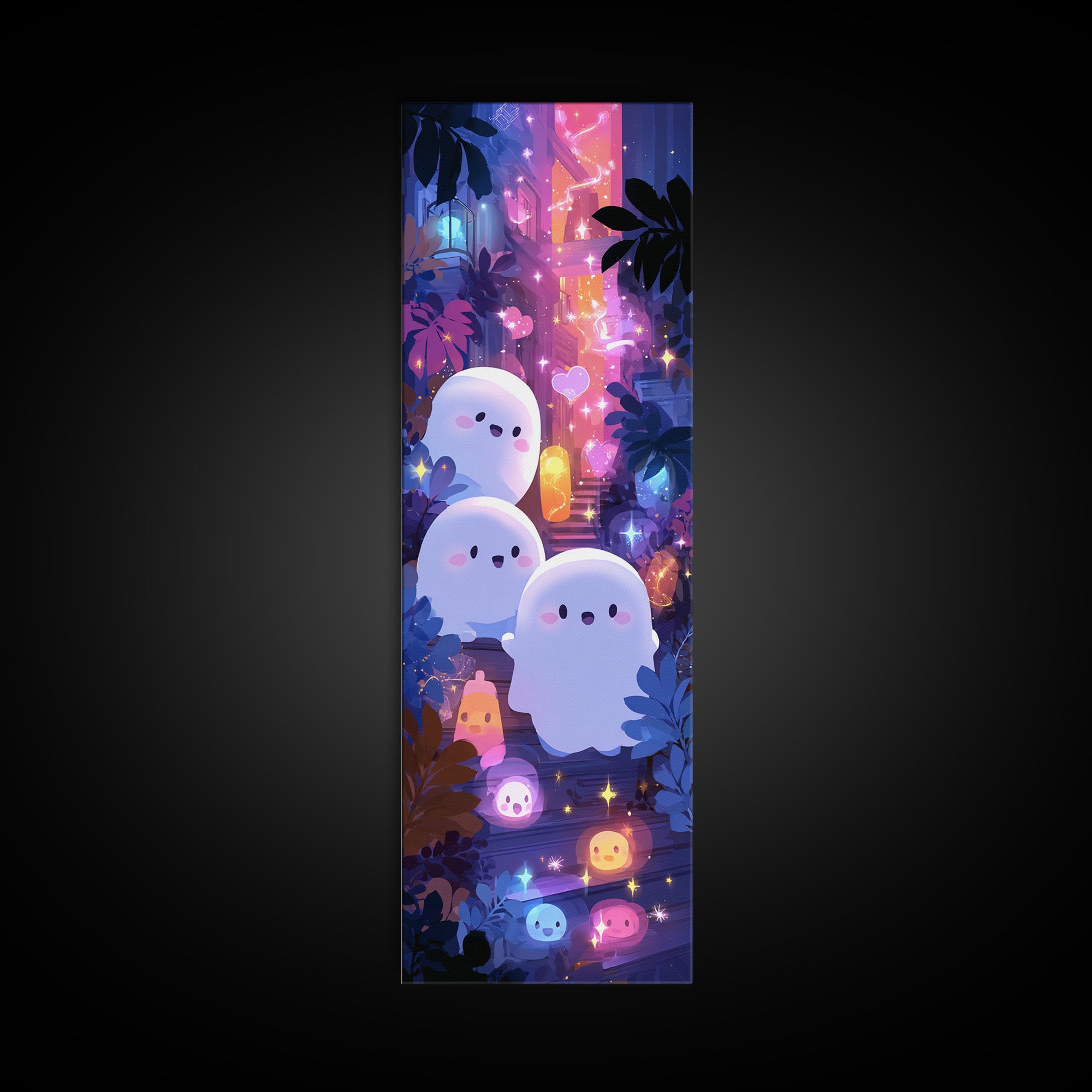The Ghost And Firefly Friends, Vaporwave Halloween Decor, Tall Narrow Wall Art, Canvas Print, Retro Halloween Decor, Neon Wall Art