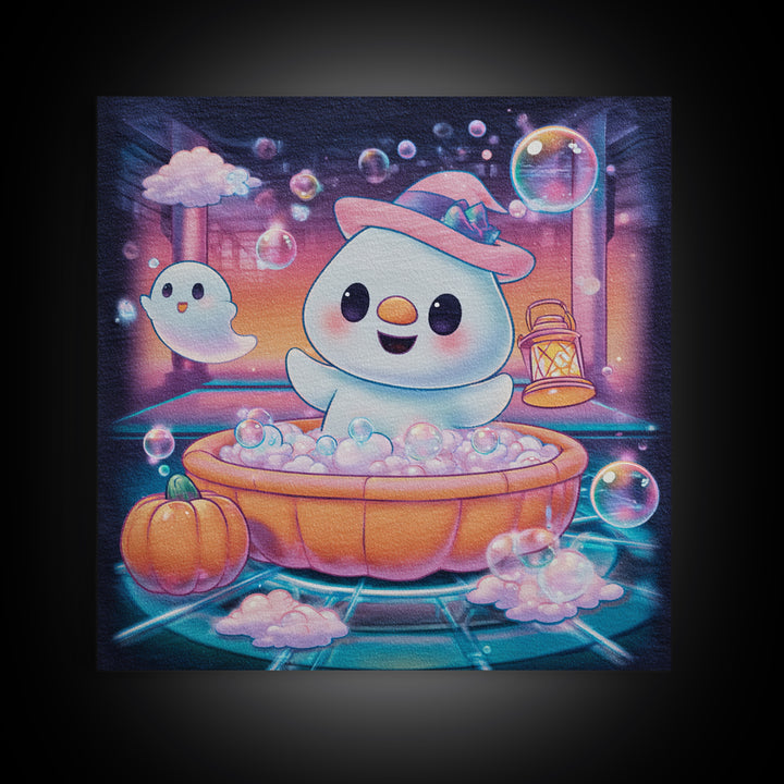 The Ghost Bubble Bath, Vaporwave Halloween Decor, Square Wall Art, Canvas Print, Retro Halloween Decor, Neon Wall Art, Halloween Wall Art