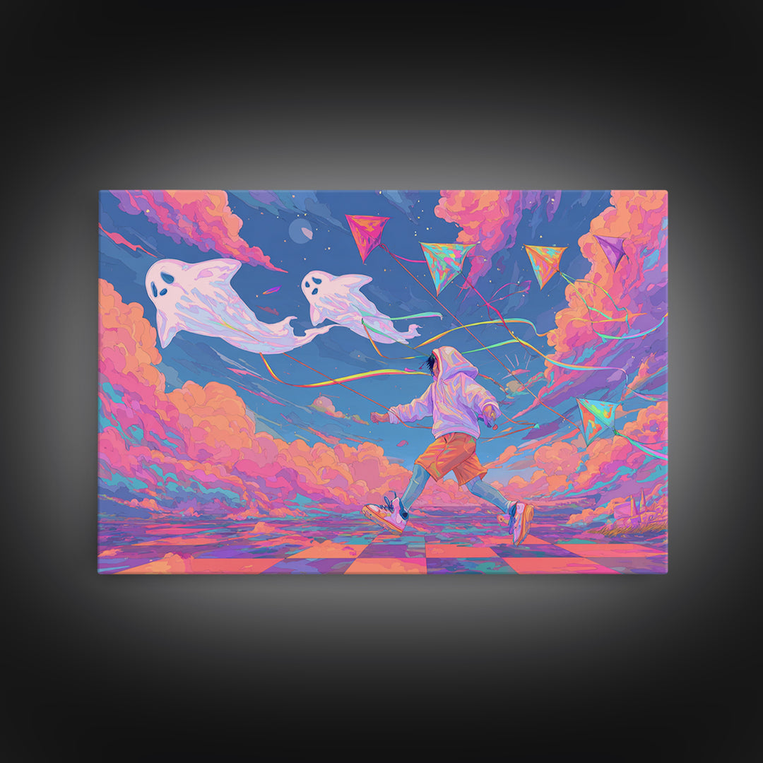 The Ghost Kite Festival, 80s Halloween Wall Art, Landscape Wall Art, Framed Canvas Print, Retro Halloween Decor, Neon Wall Art