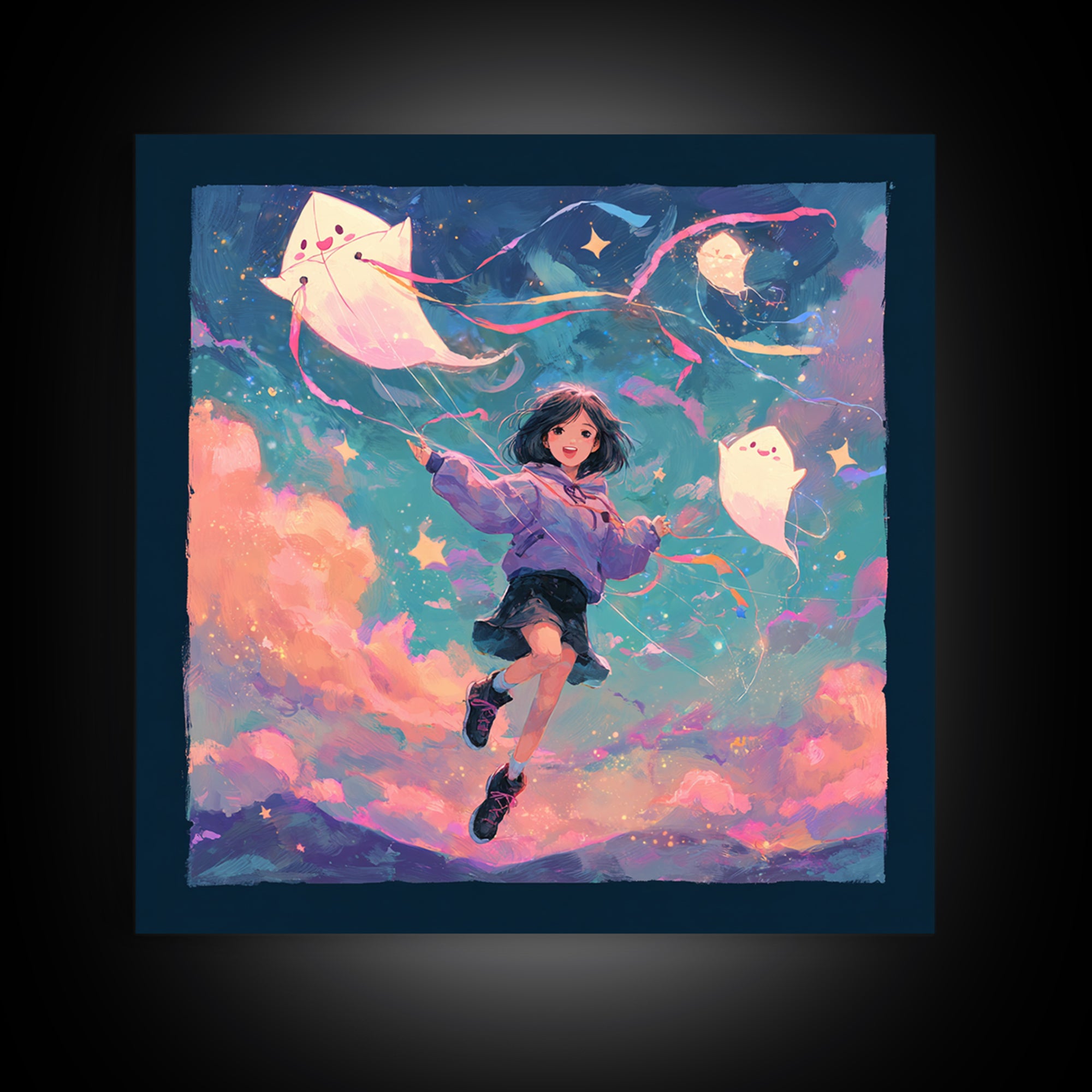 The Ghost Kite Festival, 80s Halloween Wall Art, Square Wall Art, Canvas Print, Retro Halloween Decor, Neon Wall Art, Seasonal Home Decor