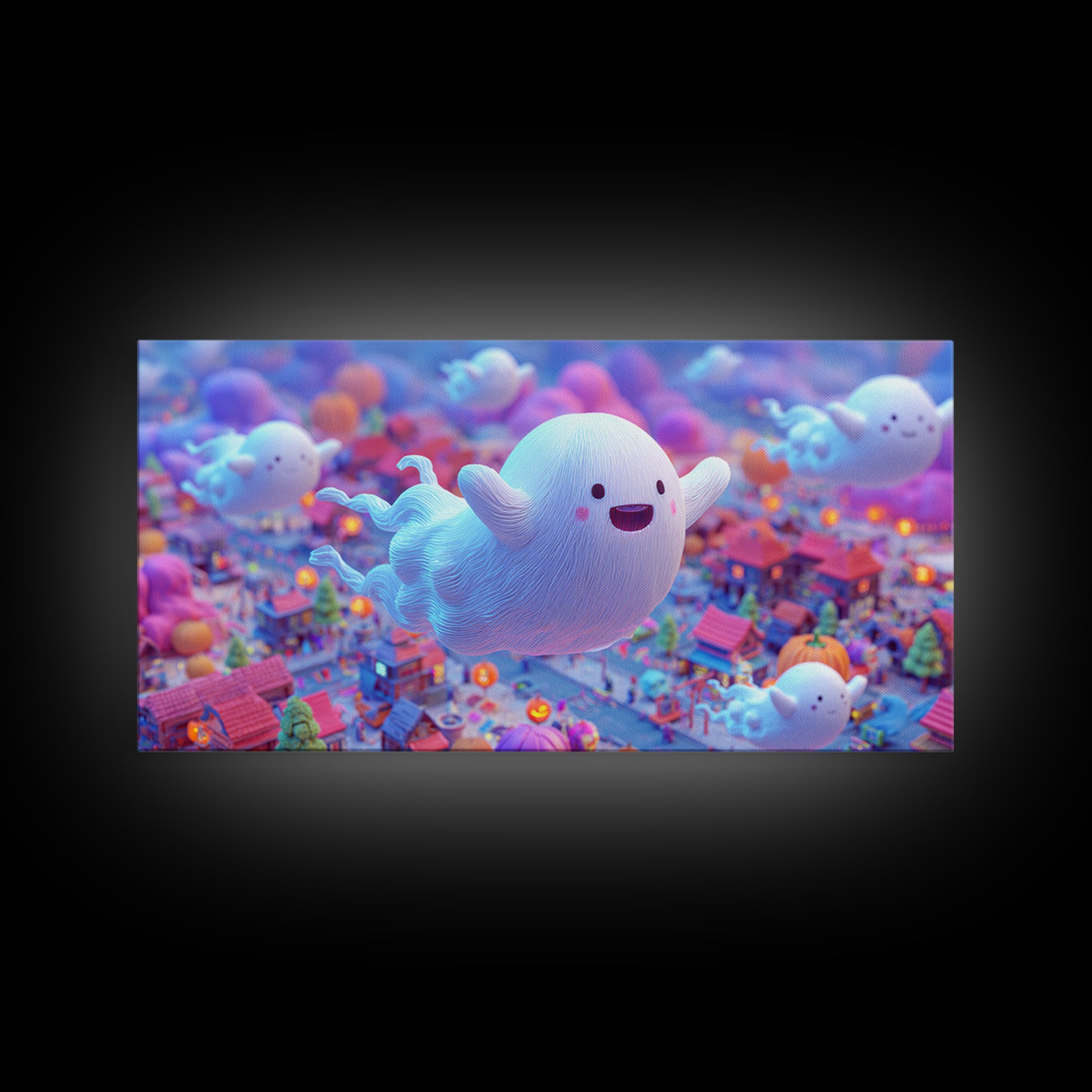 The Ghost Kite Festival, 80s Halloween Wall Art, Wide Panoramic Art, Framed Canvas Print, Retro Halloween Decor, Neon Wall Art