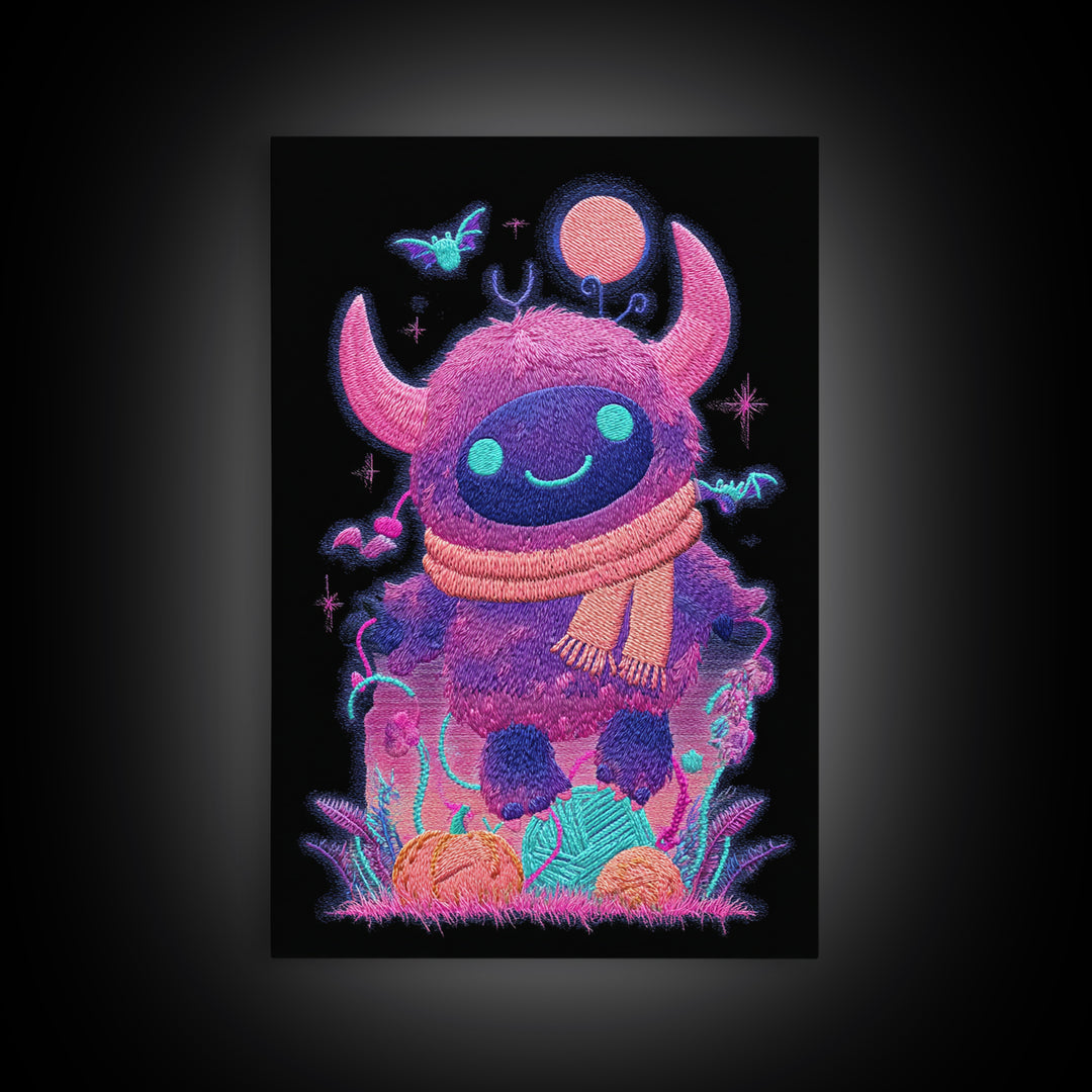 The Fuzzy Purple Monster, Synthwave Halloween Art, Vertical Wall Art, Canvas Print, Retro Halloween Decor, Neon Wall Art, Macabre Wall Art