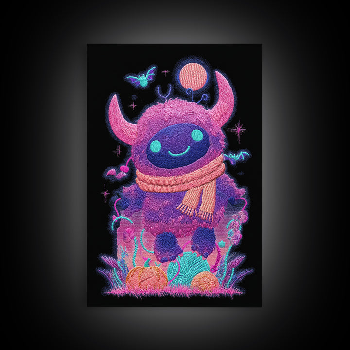 The Fuzzy Purple Monster, Synthwave Halloween Art, Vertical Wall Art, Canvas Print, Retro Halloween Decor, Neon Wall Art, Macabre Wall Art