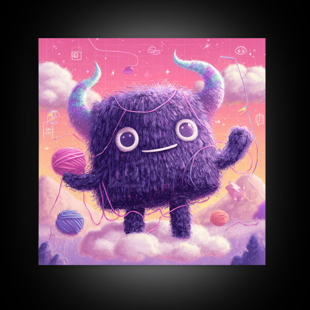 The Fuzzy Purple Monster, Vaporwave Halloween Decor, Square Wall Art, Framed Canvas Print, Retro Halloween Decor, Neon Wall Art