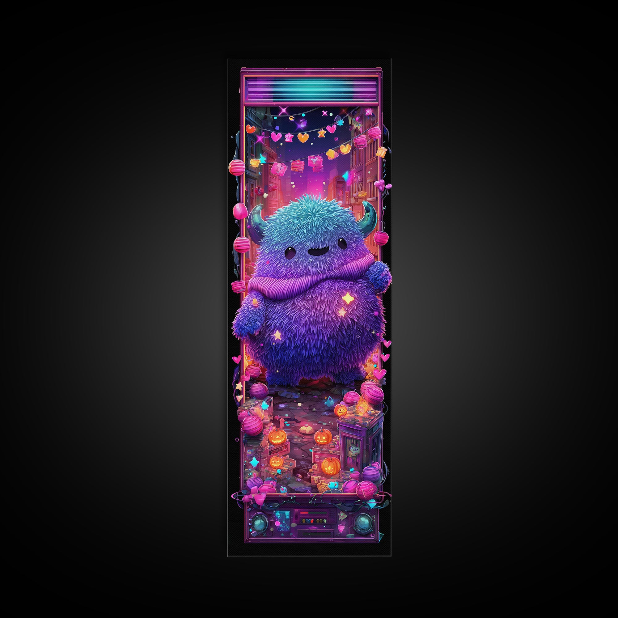 The Fuzzy Purple Monster, Synthwave Halloween Art, Tall Narrow Wall Art, Canvas Print, Retro Halloween Decor, Neon Wall Art