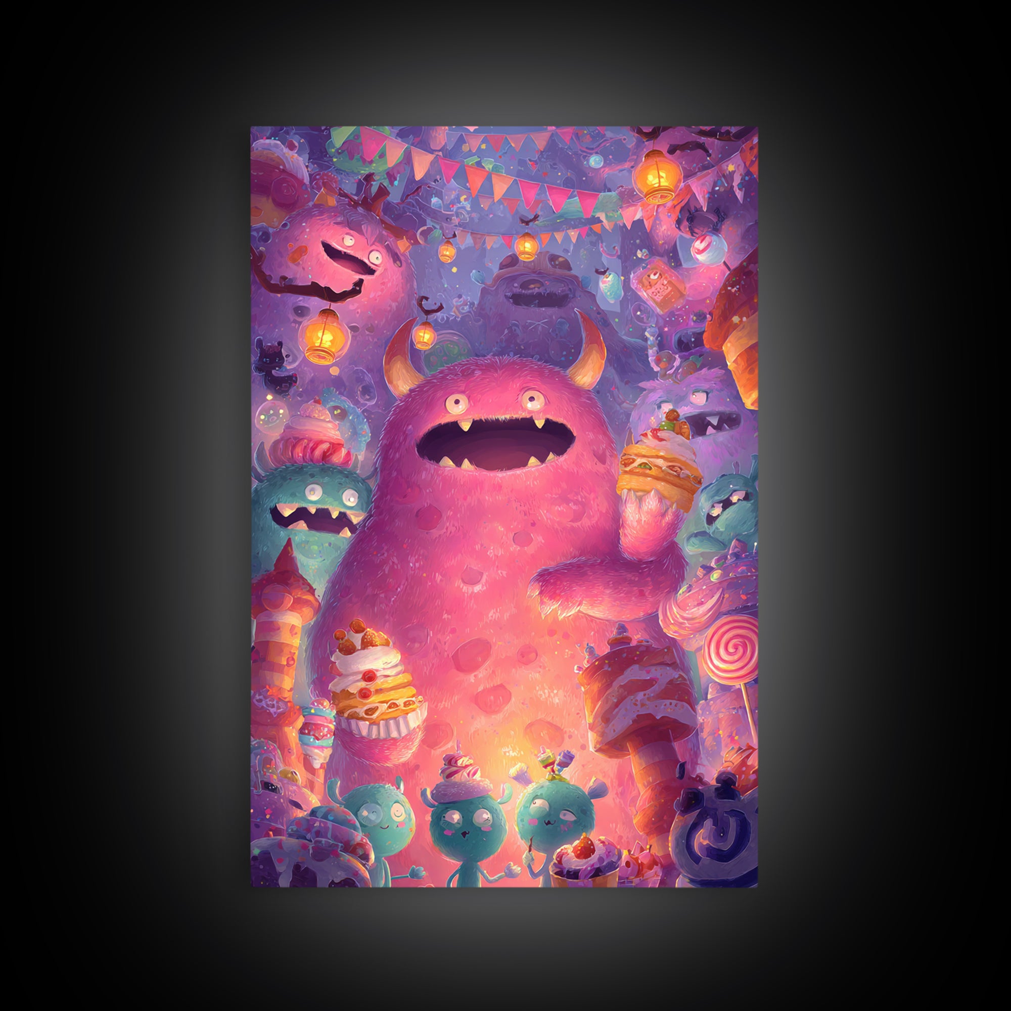 The Polka-Dot Monster, Vaporwave Halloween Decor, Vertical Wall Art, Framed Canvas Print, Retro Halloween Decor, Neon Wall Art