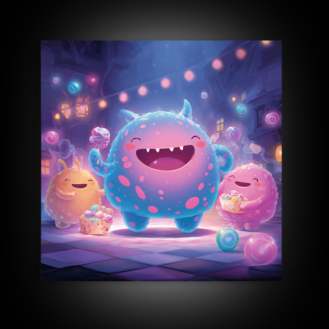 The Polka-Dot Monster, Synthwave Halloween Art, Square Wall Art, Framed Canvas Print, Retro Halloween Decor, Neon Wall Art
