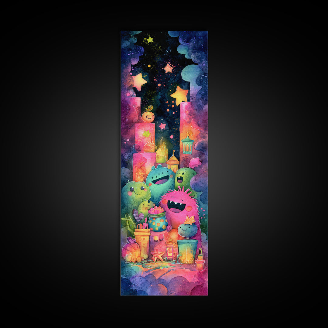 The Polka-Dot Monster, Retro Neon Halloween Art, Tall Narrow Wall Art, Canvas Print, Retro Halloween Decor, Neon Wall Art, Dark Fantasy Art