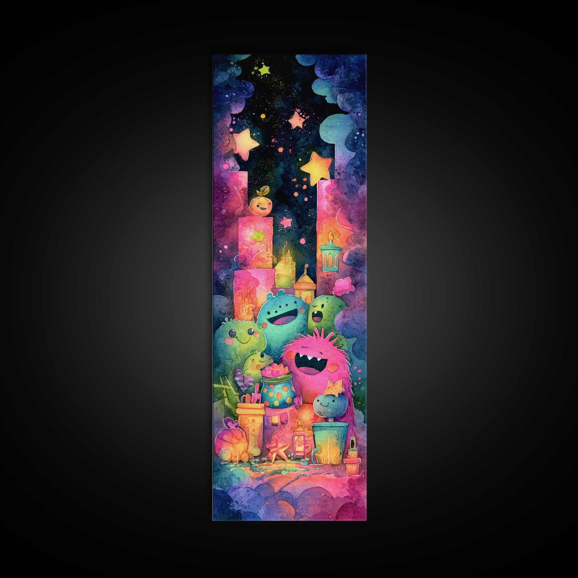 The Polka-Dot Monster, Retro Neon Halloween Art, Tall Narrow Wall Art, Canvas Print, Retro Halloween Decor, Neon Wall Art, Dark Fantasy Art