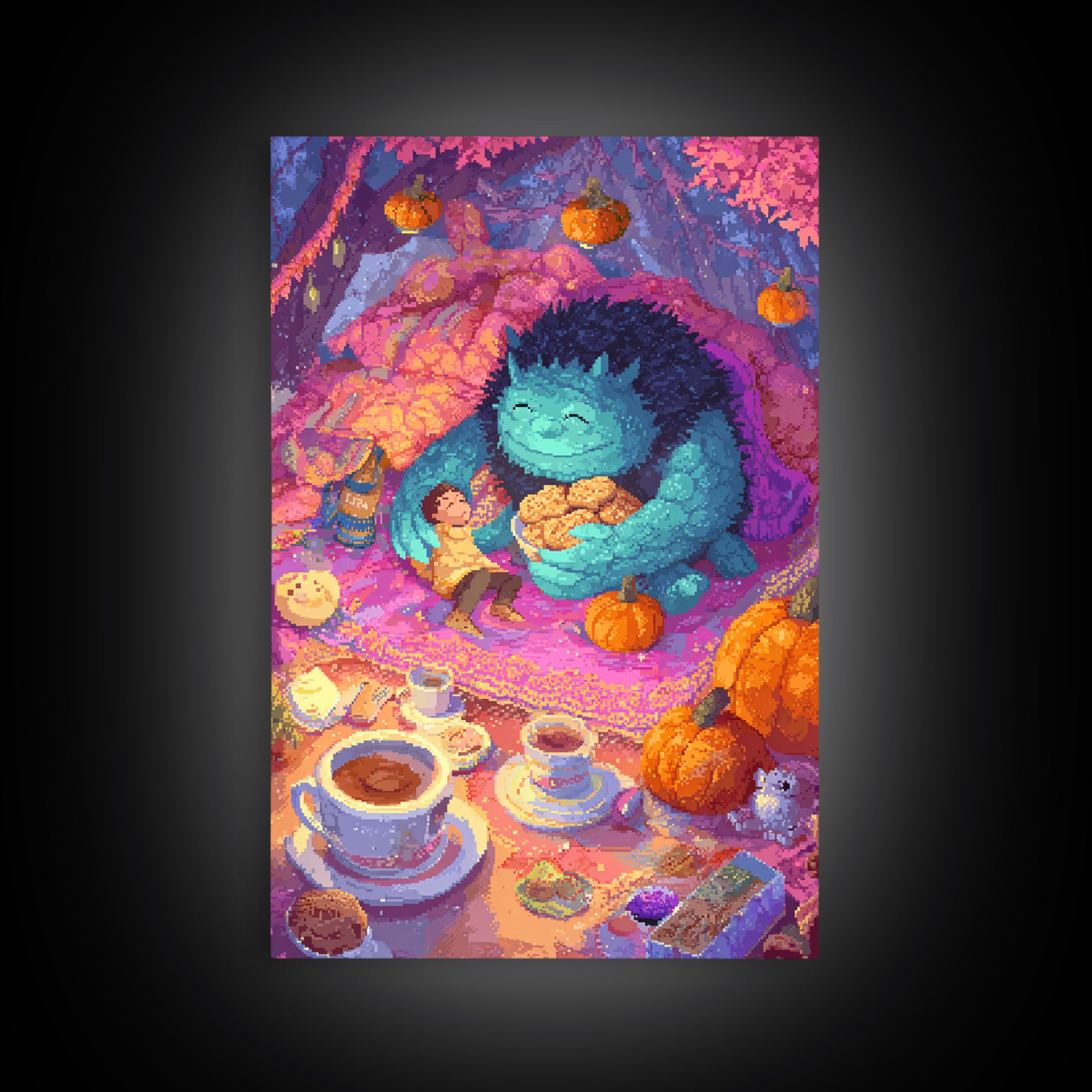 The Monster Under The Bed Tea Party, Retro Neon Halloween Art, Vertical Wall Art, Canvas Print, Retro Halloween Decor, Neon Wall Art
