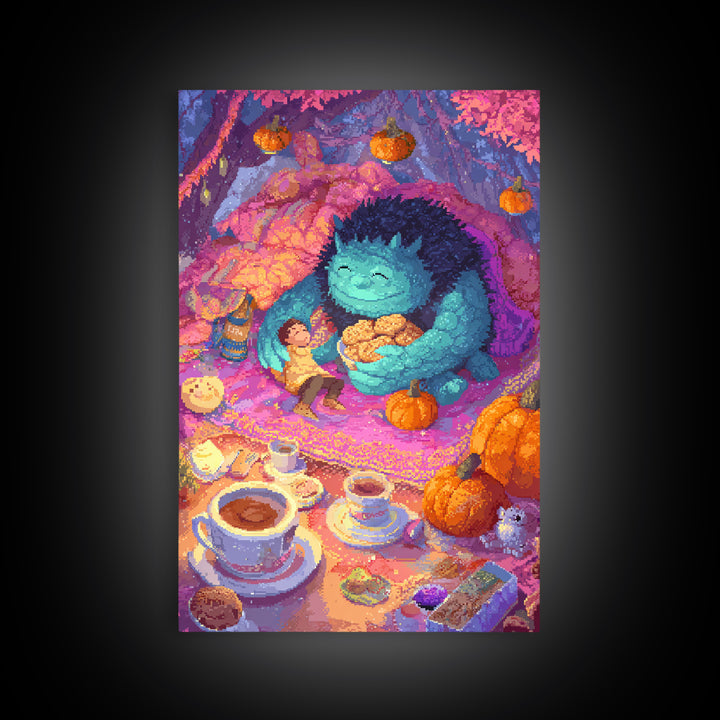 The Monster Under The Bed Tea Party, Retro Neon Halloween Art, Vertical Wall Art, Canvas Print, Retro Halloween Decor, Neon Wall Art