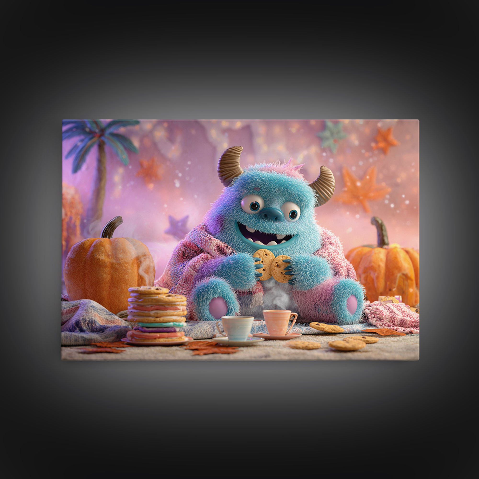 The Monster Under The Bed Tea Party, Vaporwave Halloween Decor, Landscape Wall Art, Canvas Print, Retro Halloween Decor, Neon Wall Art