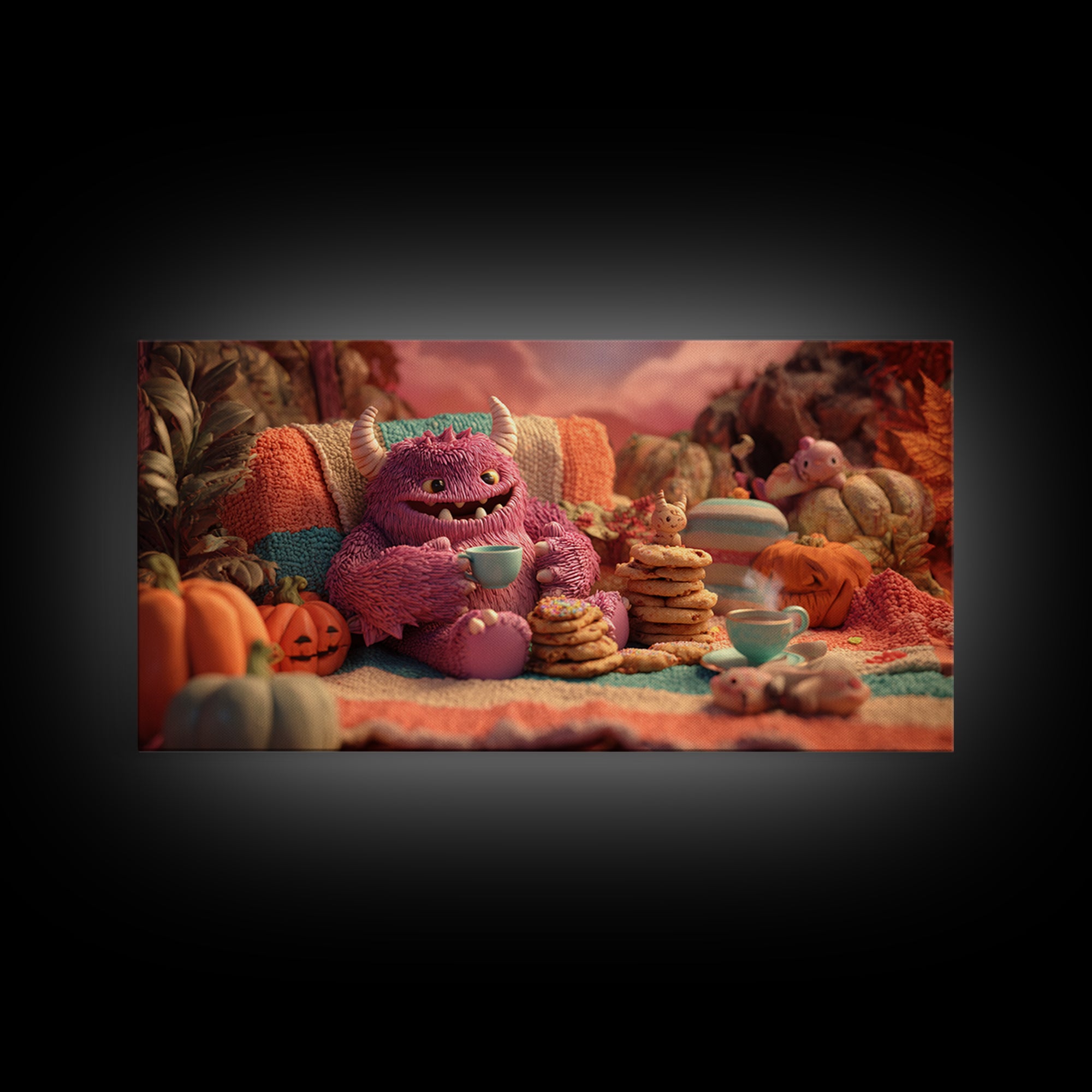 The Monster Under The Bed Tea Party, Vaporwave Halloween Decor, Wide Panoramic Art, Framed Canvas Print, Retro Halloween Decor