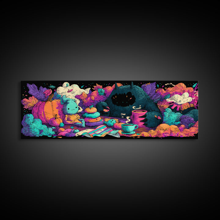 The Monster Under The Bed Tea Party, Synthwave Halloween Art, Extra Wide Wall Art, Canvas Print, Retro Halloween Decor, Neon Wall Art