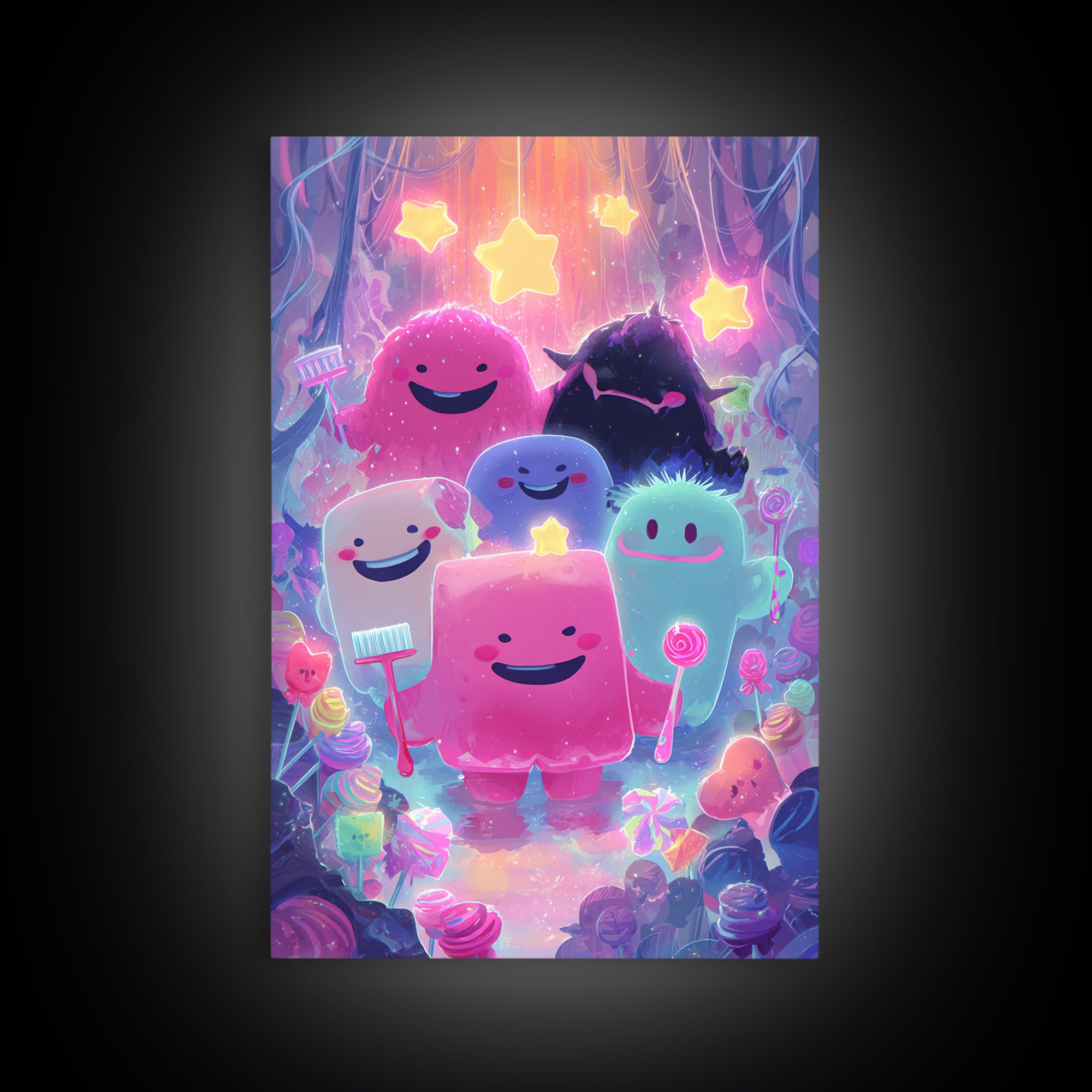 The Monster Toothbrush Club, Vaporwave Halloween Decor, Vertical Wall Art, Framed Canvas Print, Retro Halloween Decor, Neon Wall Art