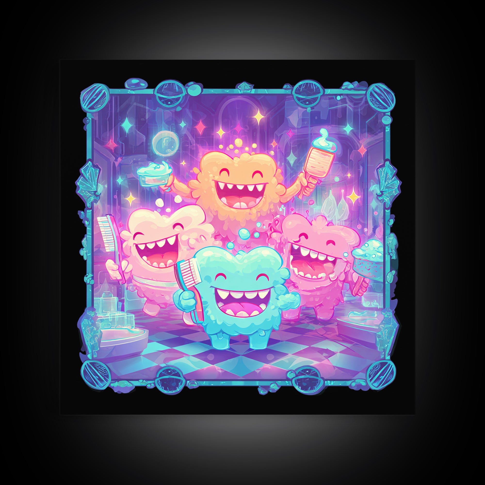 The Monster Toothbrush Club, Vaporwave Halloween Decor, Square Wall Art, Canvas Print, Retro Halloween Decor, Neon Wall Art