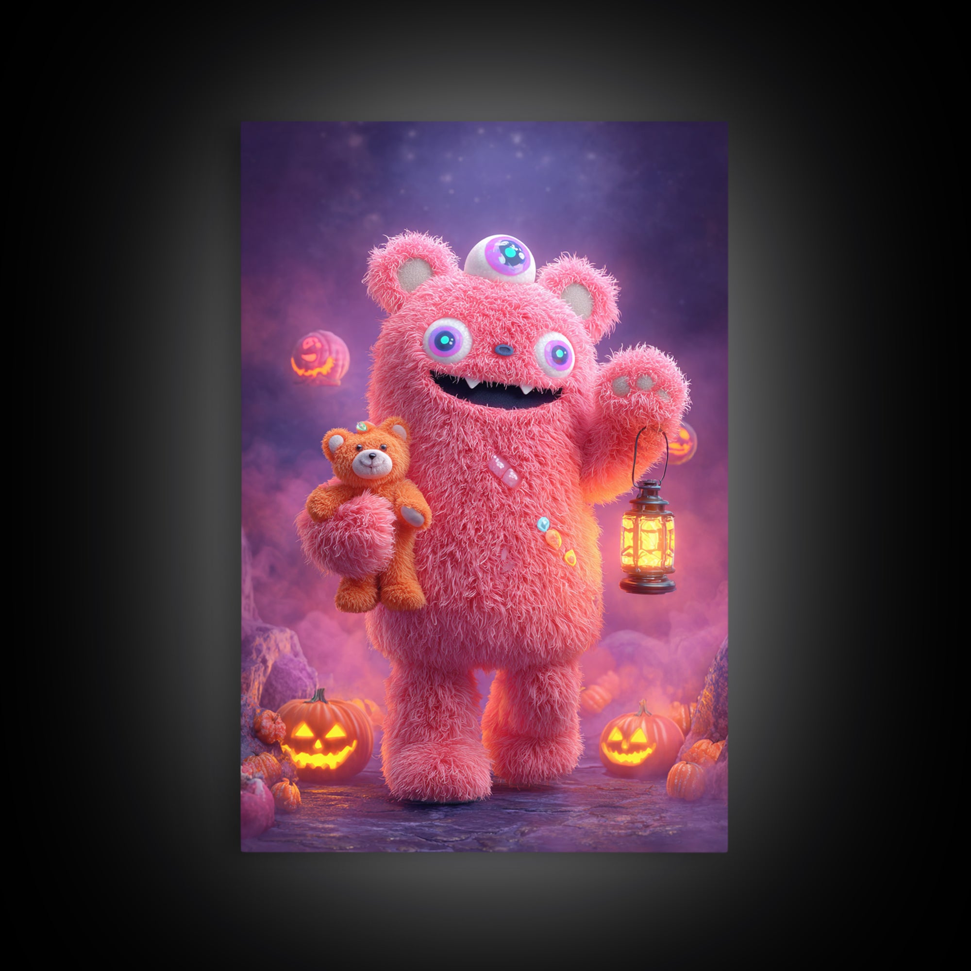 The Three-Eyed Teddy Monster, 80s Halloween Wall Art, Vertical Wall Art, Framed Canvas Print, Retro Halloween Decor, Neon Wall Art