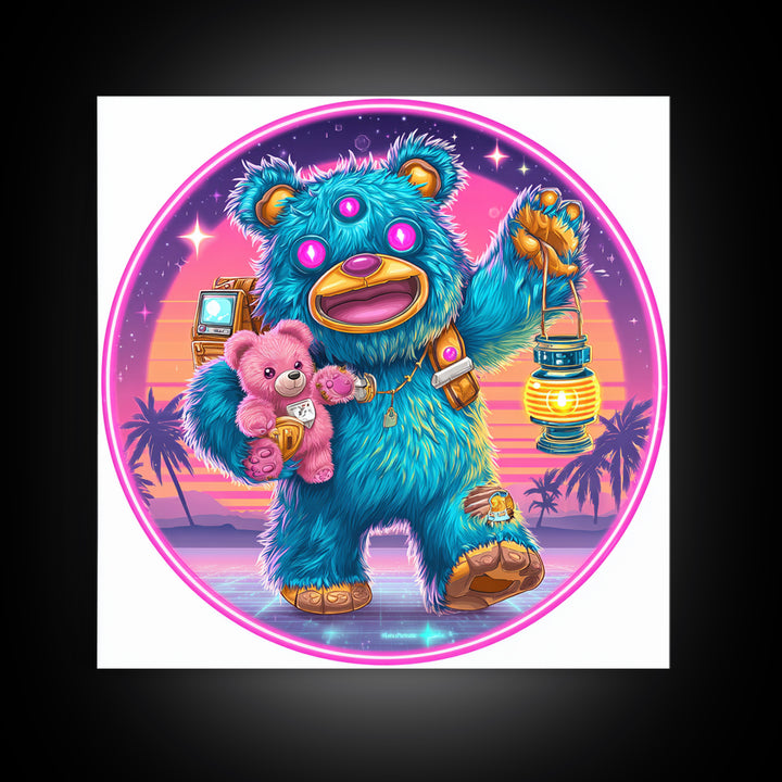 The Three-Eyed Teddy Monster, Cute Spooky Neon Art, Square Wall Art, Framed Canvas Print, Retro Halloween Decor, Neon Wall Art
