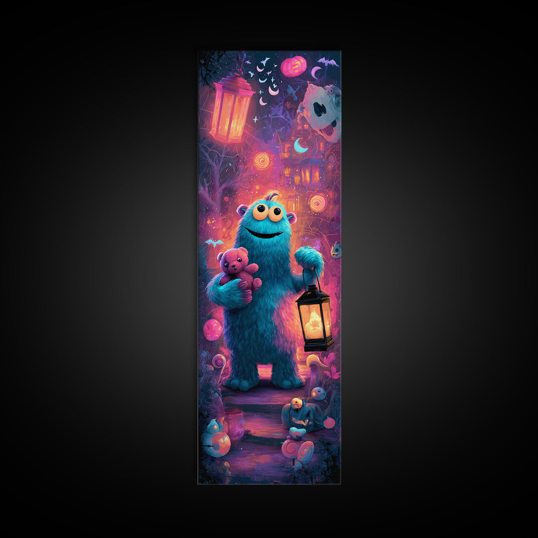 The Three-Eyed Teddy Monster, Vaporwave Halloween Decor, Tall Narrow Wall Art, Framed Canvas Print, Retro Halloween Decor, Neon Wall Art