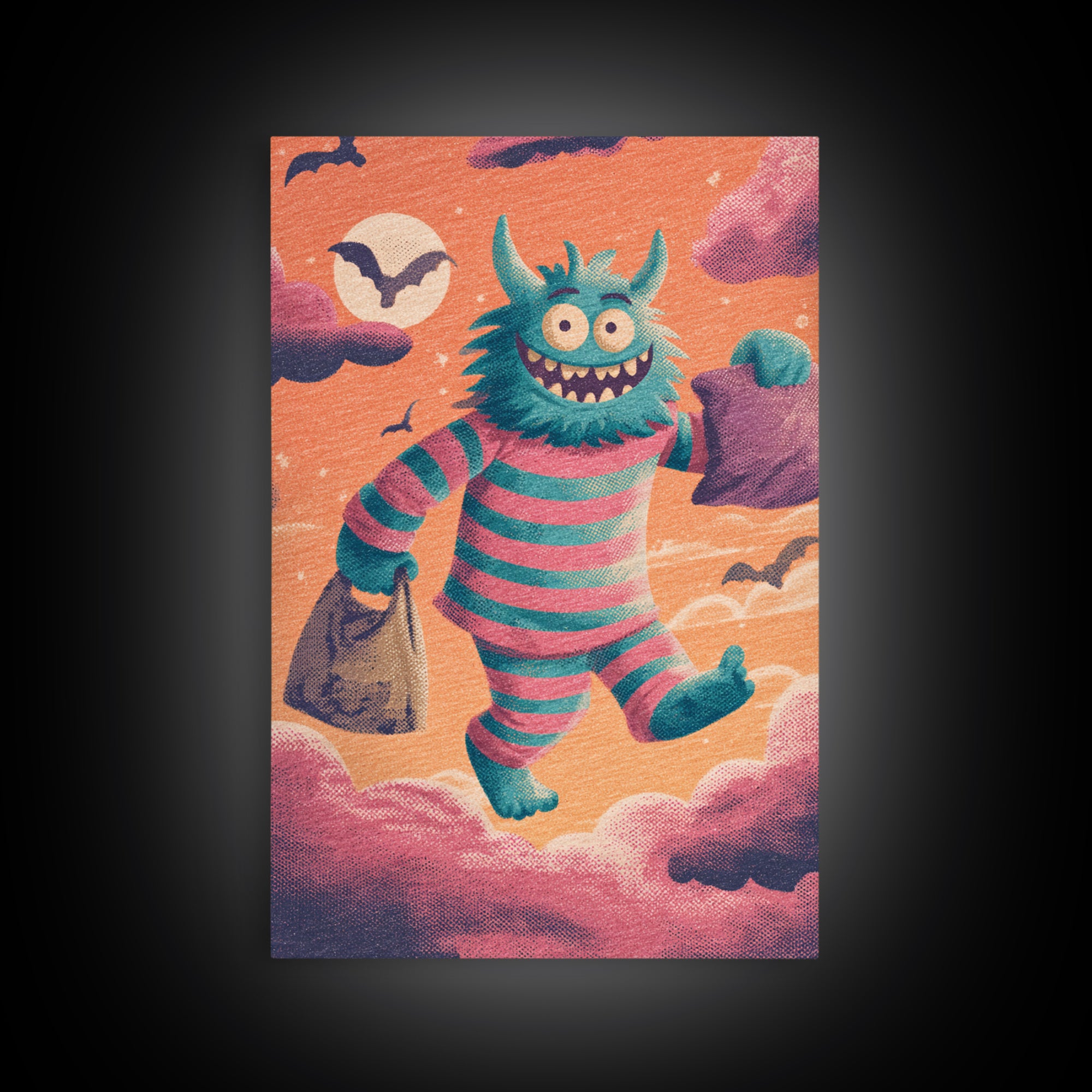 The Monster Pajama Parade, Synthwave Halloween Art, Vertical Wall Art, Framed Canvas Print, Retro Halloween Decor, Neon Wall Art