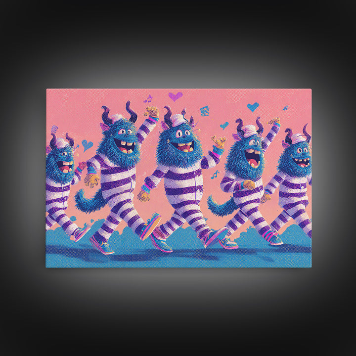 The Monster Pajama Parade, Vaporwave Halloween Decor, Landscape Wall Art, Canvas Print, Retro Halloween Decor, Neon Wall Art