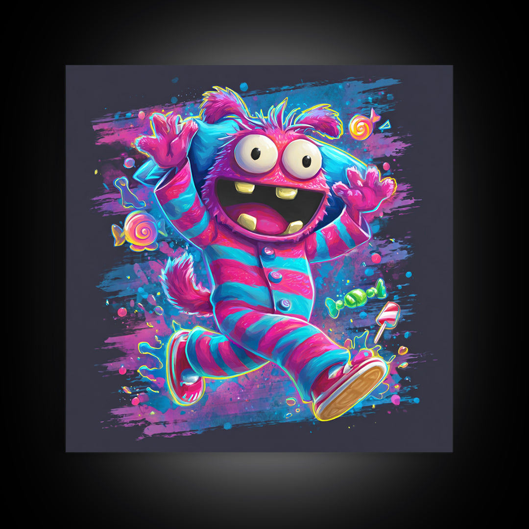 The Monster Pajama Parade, Vaporwave Halloween Decor, Square Wall Art, Canvas Print, Retro Halloween Decor, Neon Wall Art