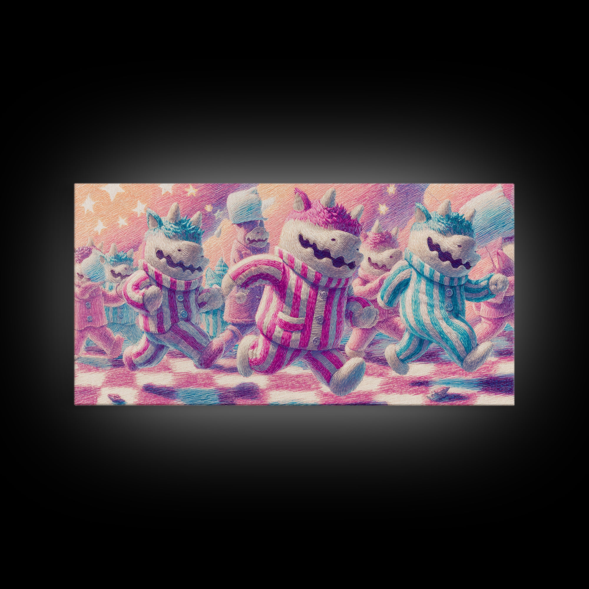 The Monster Pajama Parade, 80s Halloween Wall Art, Wide Panoramic Art, Framed Canvas Print, Retro Halloween Decor, Neon Wall Art
