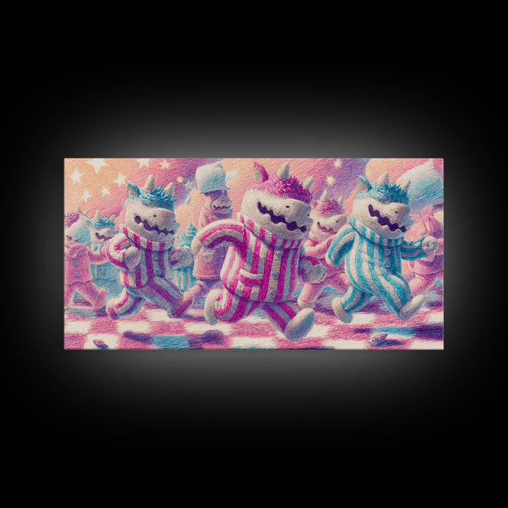 The Monster Pajama Parade, 80s Halloween Wall Art, Wide Panoramic Art, Framed Canvas Print, Retro Halloween Decor, Neon Wall Art