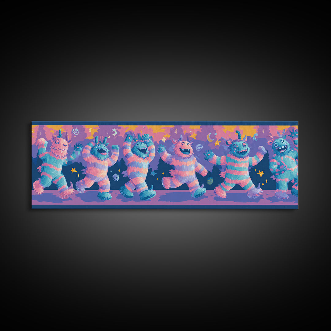 The Monster Pajama Parade, 80s Halloween Wall Art, Extra Wide Wall Art, Framed Canvas Print, Retro Halloween Decor, Neon Wall Art