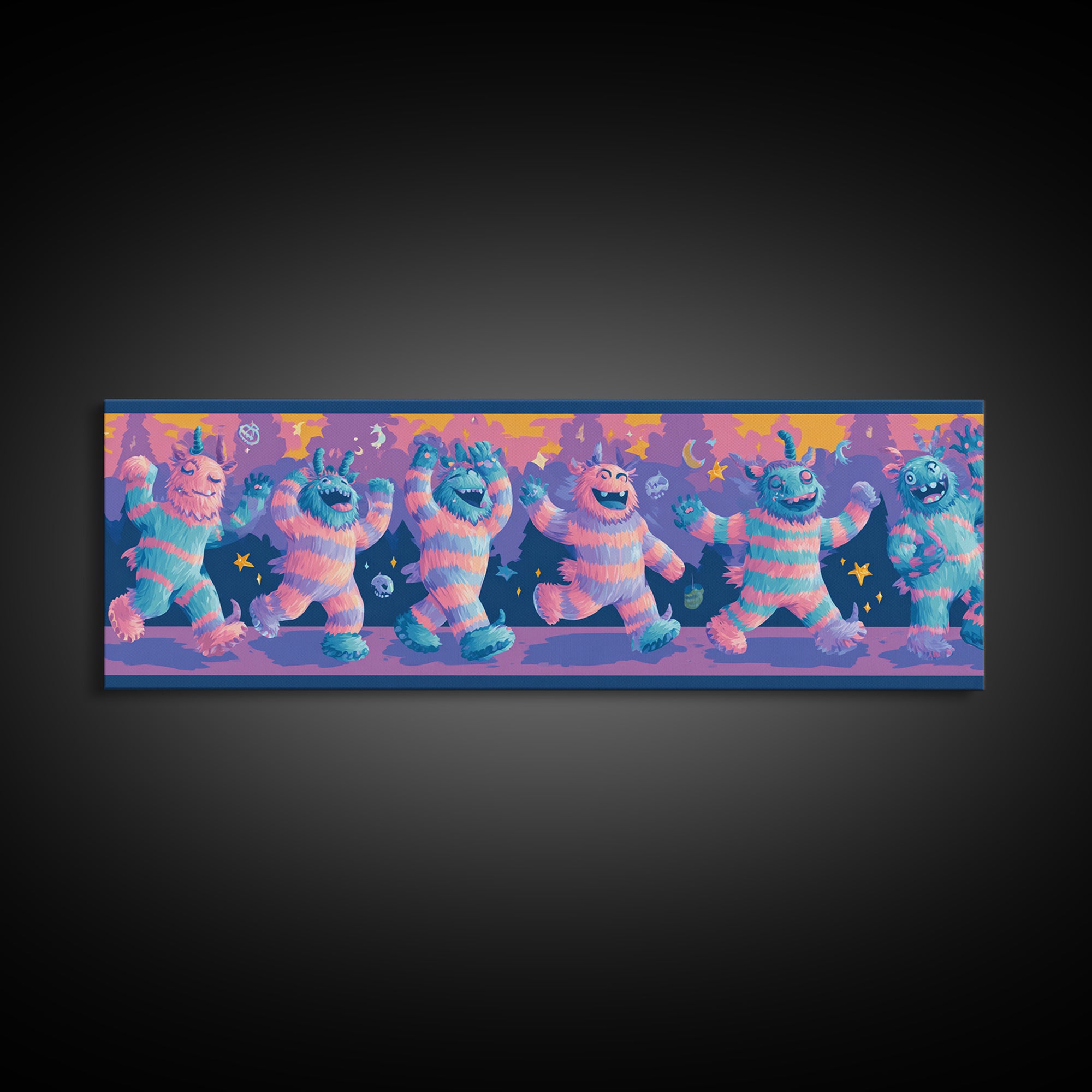 The Monster Pajama Parade, 80s Halloween Wall Art, Extra Wide Wall Art, Framed Canvas Print, Retro Halloween Decor, Neon Wall Art