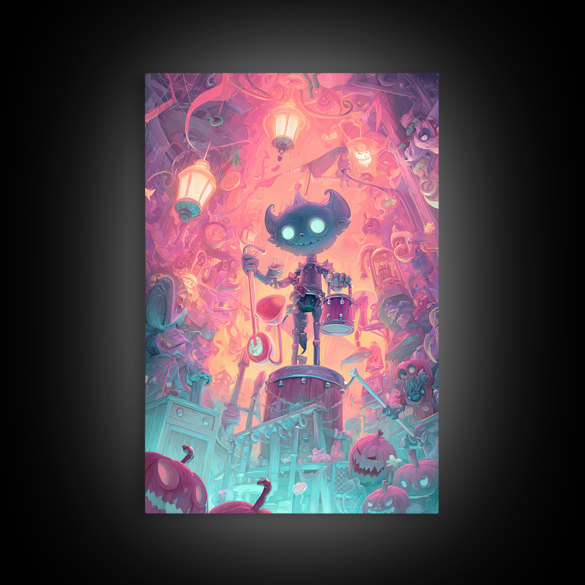 The Little Monster Orchestra, Synthwave Halloween Art, Vertical Wall Art, Canvas Print, Retro Halloween Decor, Neon Wall Art