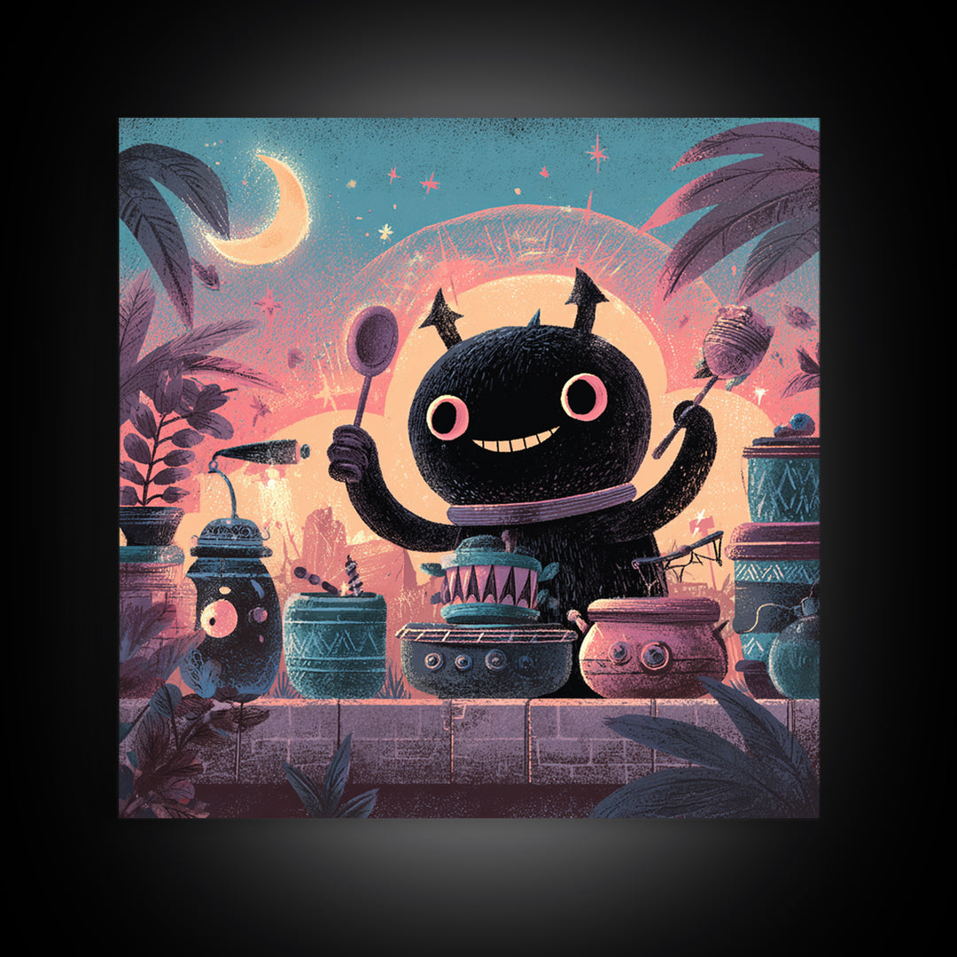 The Little Monster Orchestra, Cute Spooky Neon Art, Square Wall Art, Framed Canvas Print, Retro Halloween Decor, Neon Wall Art