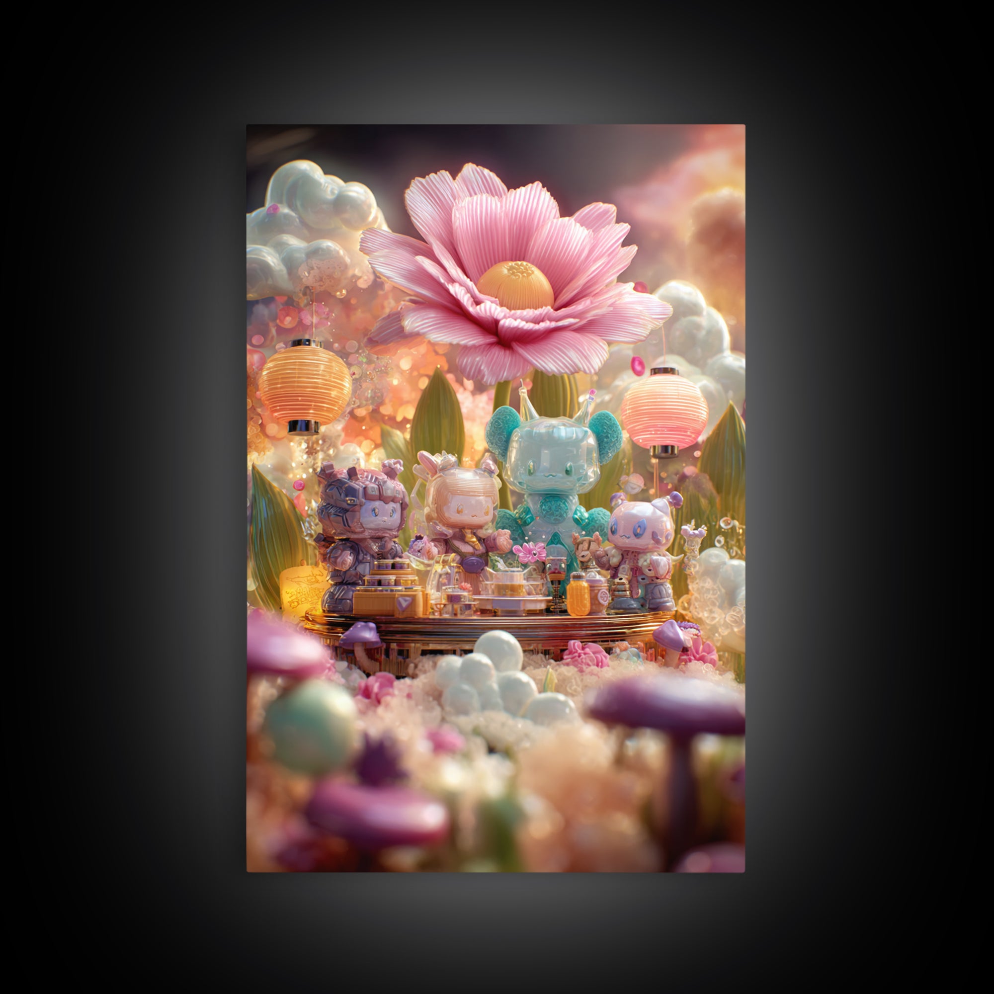 The Monster Flower Shop, Cute Spooky Neon Art, Vertical Wall Art, Framed Canvas Print, Retro Halloween Decor, Neon Wall Art