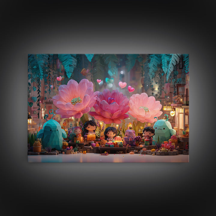 The Monster Flower Shop, Retro Neon Halloween Art, Landscape Wall Art, Framed Canvas Print, Retro Halloween Decor, Neon Wall Art