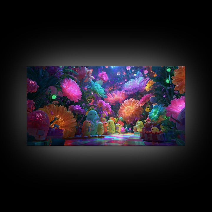 The Monster Flower Shop, Cute Spooky Neon Art, Wide Panoramic Art, Canvas Print, Retro Halloween Decor, Neon Wall Art, Macabre Wall Art