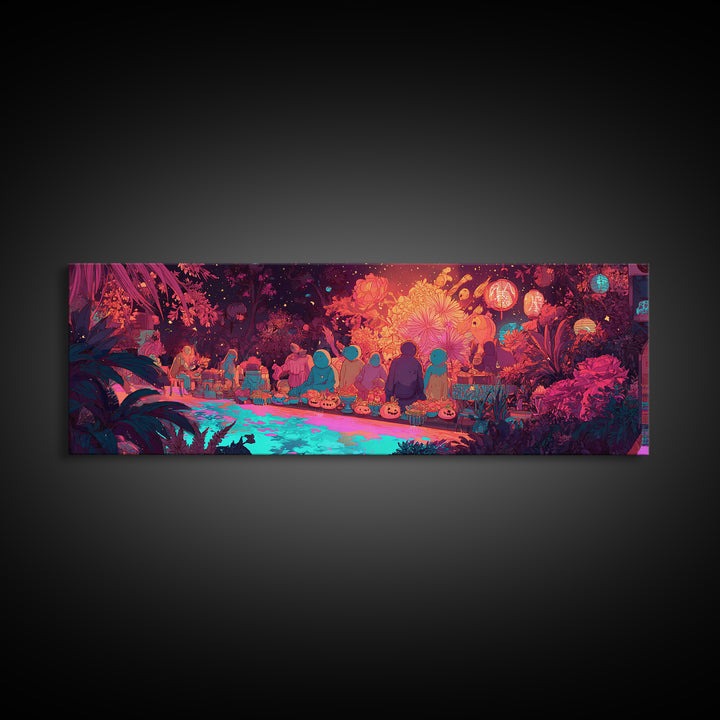 The Monster Flower Shop, Synthwave Halloween Art, Extra Wide Wall Art, Framed Canvas Print, Retro Halloween Decor, Neon Wall Art